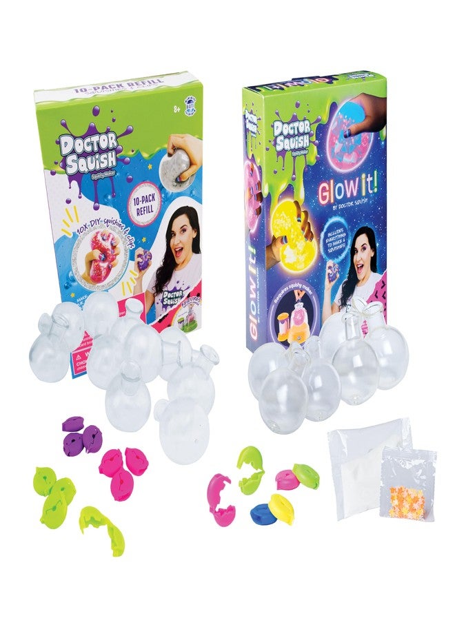 Doctor Squish Squishy Pack Combo Refill | Both Standard & Glow in The Dark Refills with TPR Balloons, Reusable Clips, Sparkles & Slime Powder | Make Normal & Neon Squishies | 2 Refills Bundle - Image 1